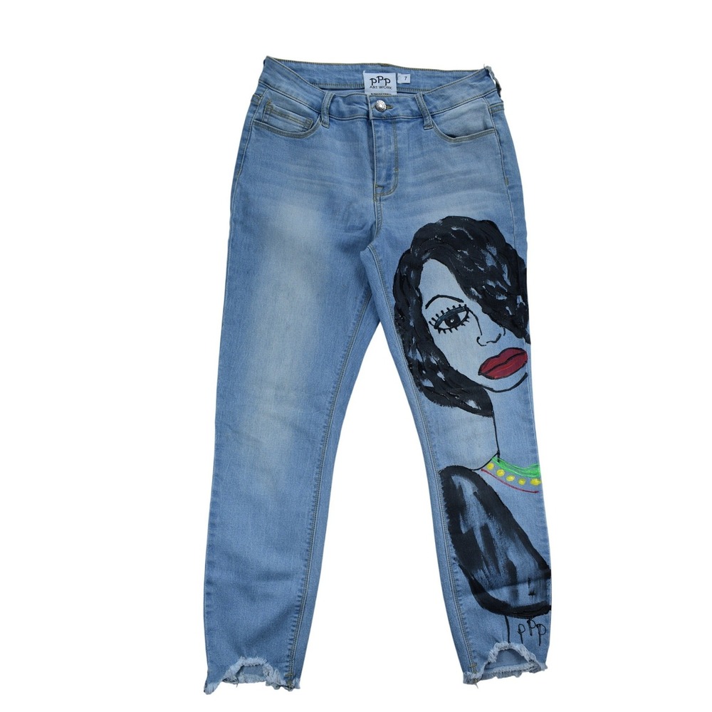 PPP Art Work Pascale N Baron Hand Painted Skinny Jeans Light Wash Frayed Hem 7